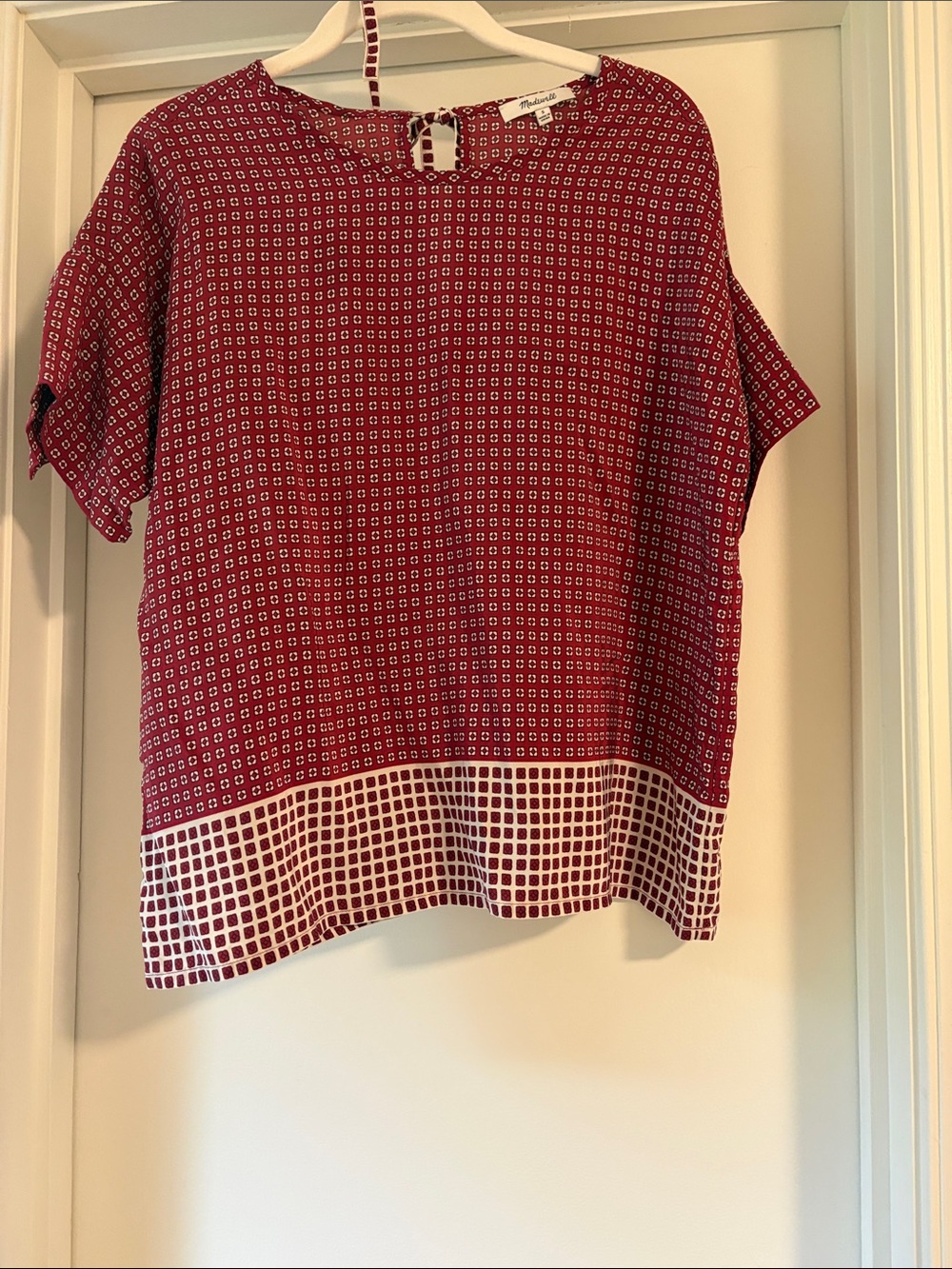 Madewell Red Geometric Short-Sleeve Blouse with Grid Hem